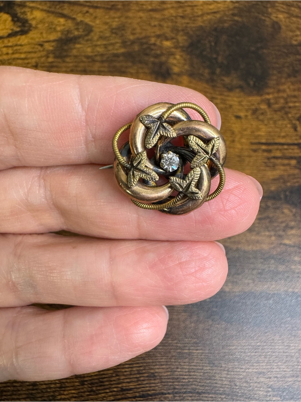 Antique Gold-Tone Floral Brooch with Clear Stone